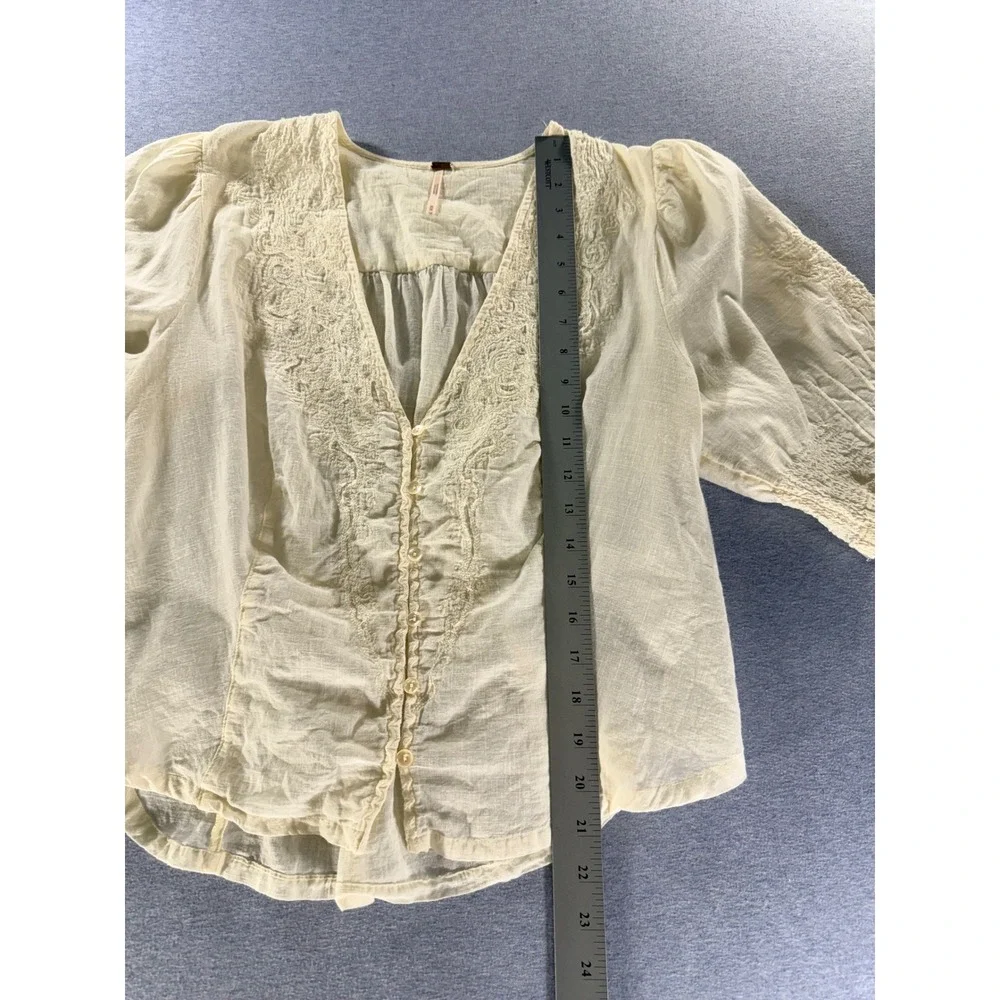 Free People Laurie Embroidered Blouse Cream Cotton V-Neck Puff Sleeve Top M